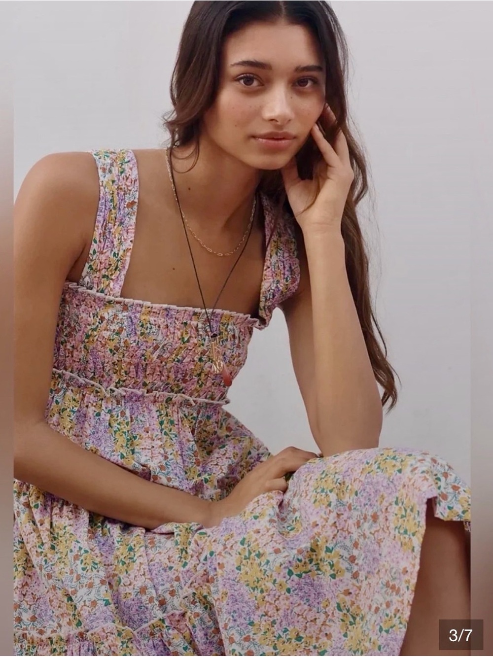 Anthropologie The Helene Floral Tiered Midi Dress in Pastel Pink and Lavender M